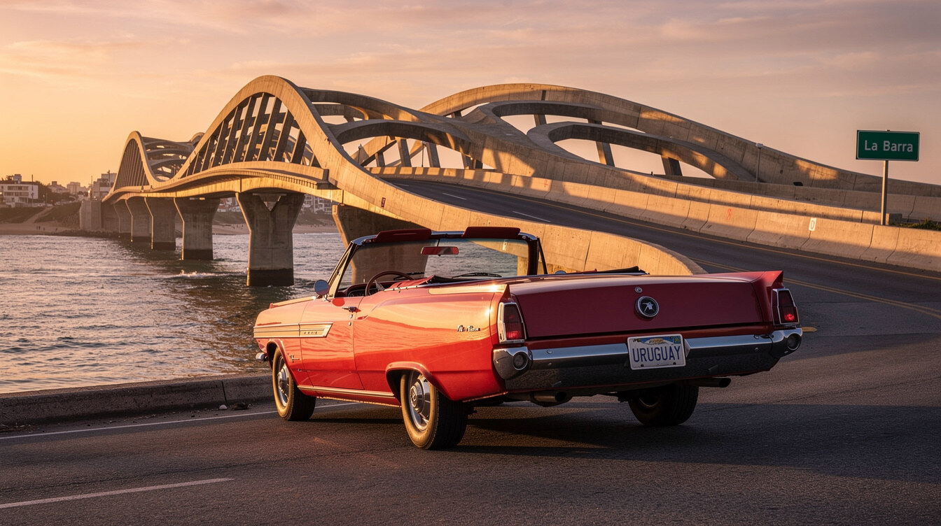 Classic convertible automobile crossing the undulating bridge of La Barra in Punta del Este